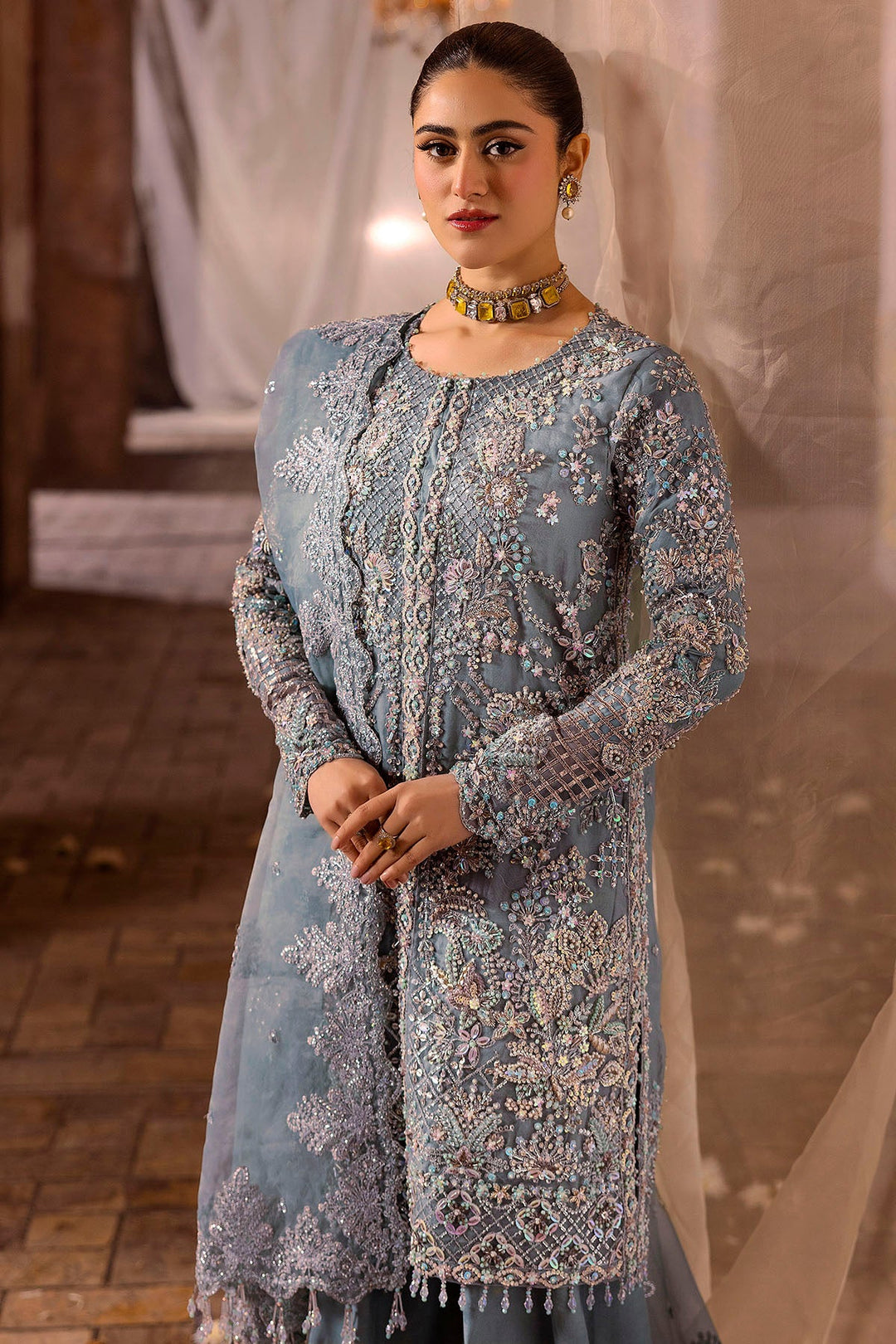 Ethereal Ferozy Pakistani Bridal Dress with Intricate Embroidery