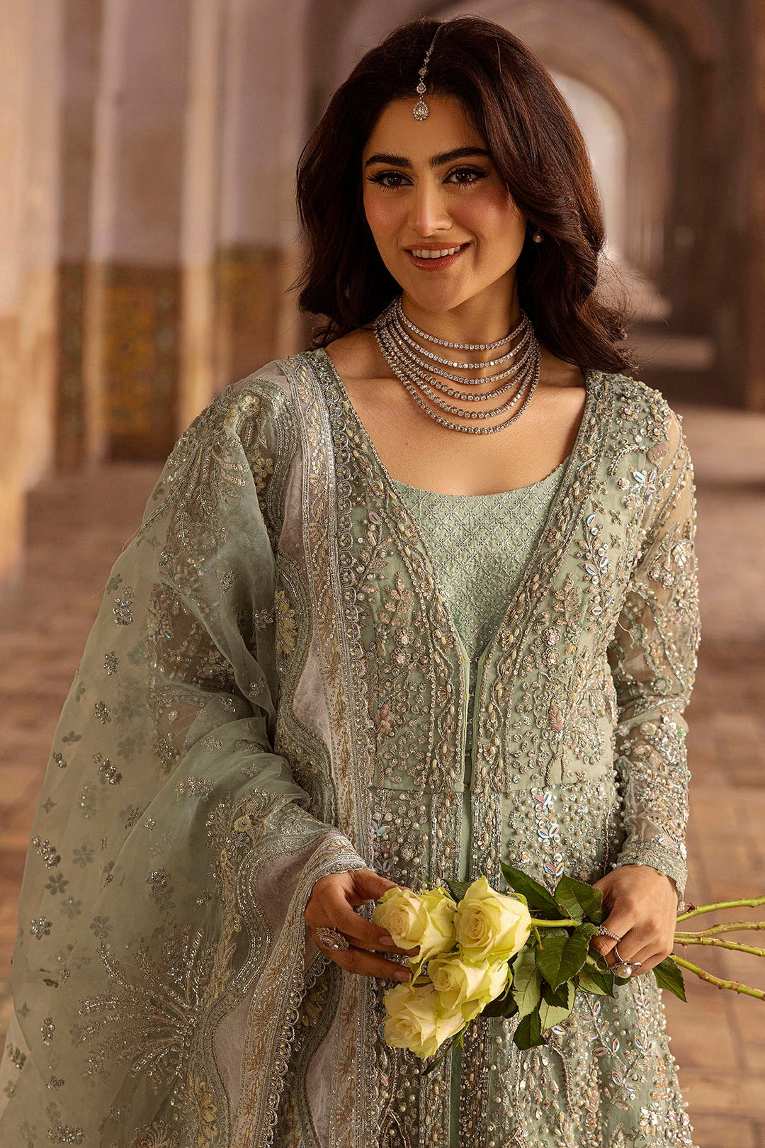 Ice Blue Pakistani Bridal Outfit with Intricate Embroidery