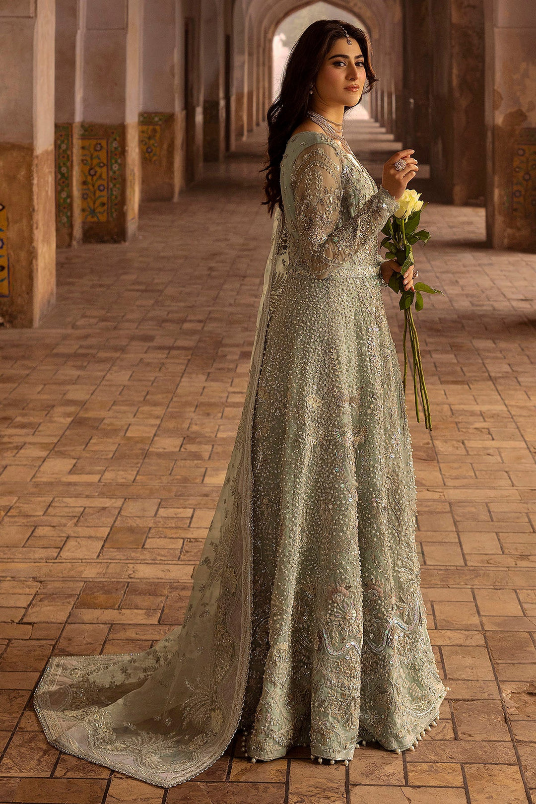 Ice Blue Pakistani Wedding Dress with Intricate Embroidery