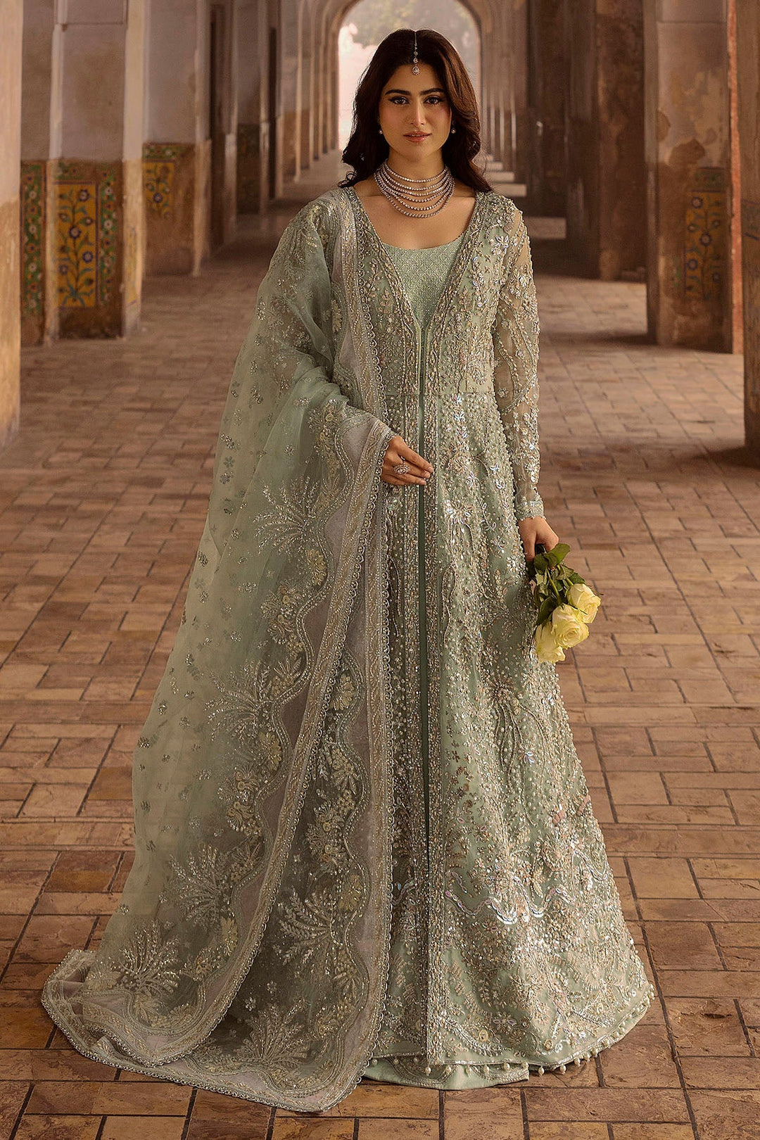 Ice Blue Pakistani Wedding Dress with Intricate Embroidery