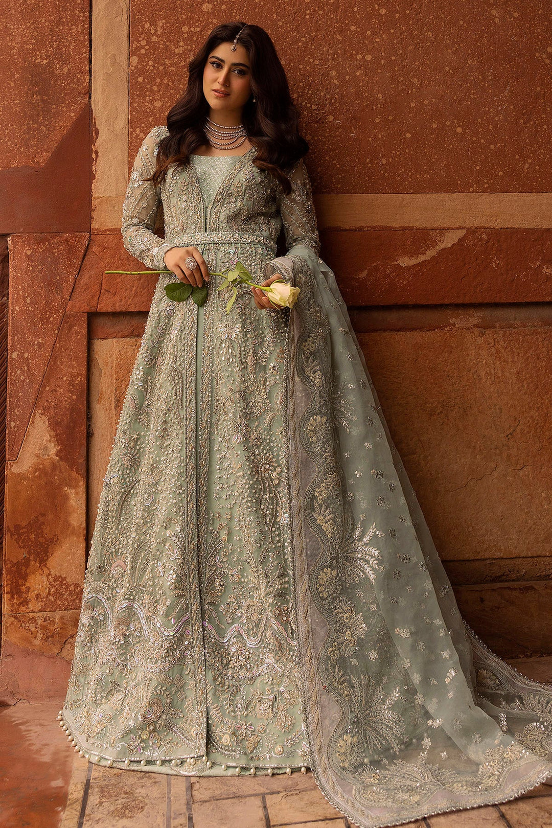 Ice Blue Pakistani Bridal Outfit with Intricate Embroidery