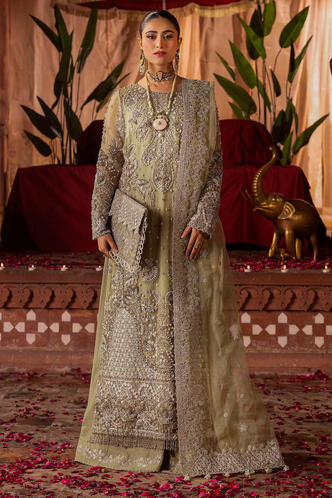 Olive-Green Pakistani Bridal Dress with Intricate Embroidery