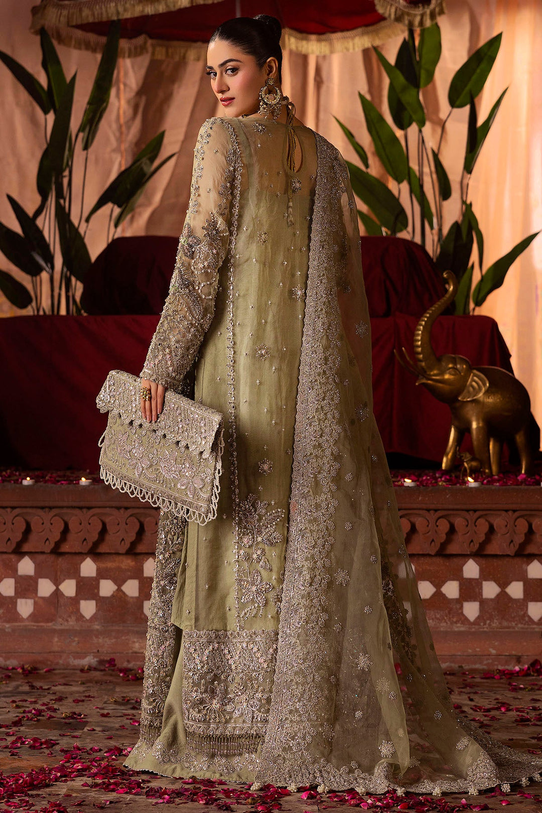 Olive-Green Pakistani Bridal Dress with Intricate Embroidery