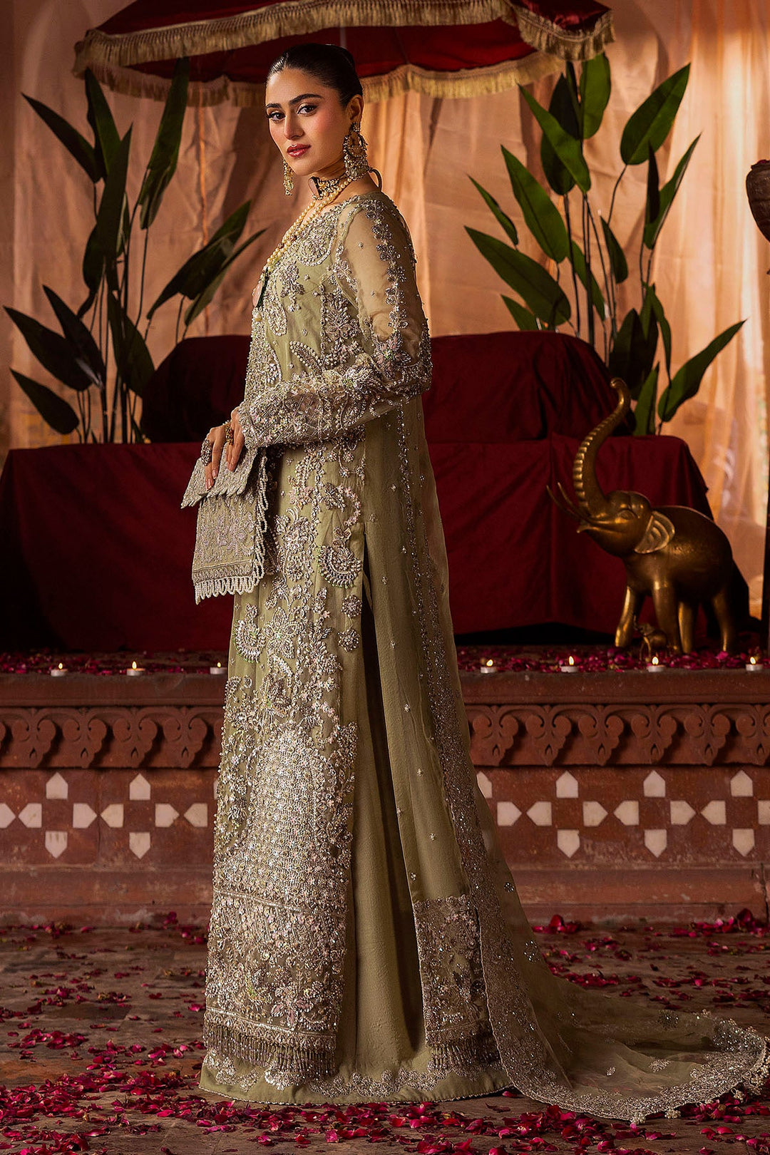 Olive-Green Pakistani Bridal Dress with Intricate Embroidery