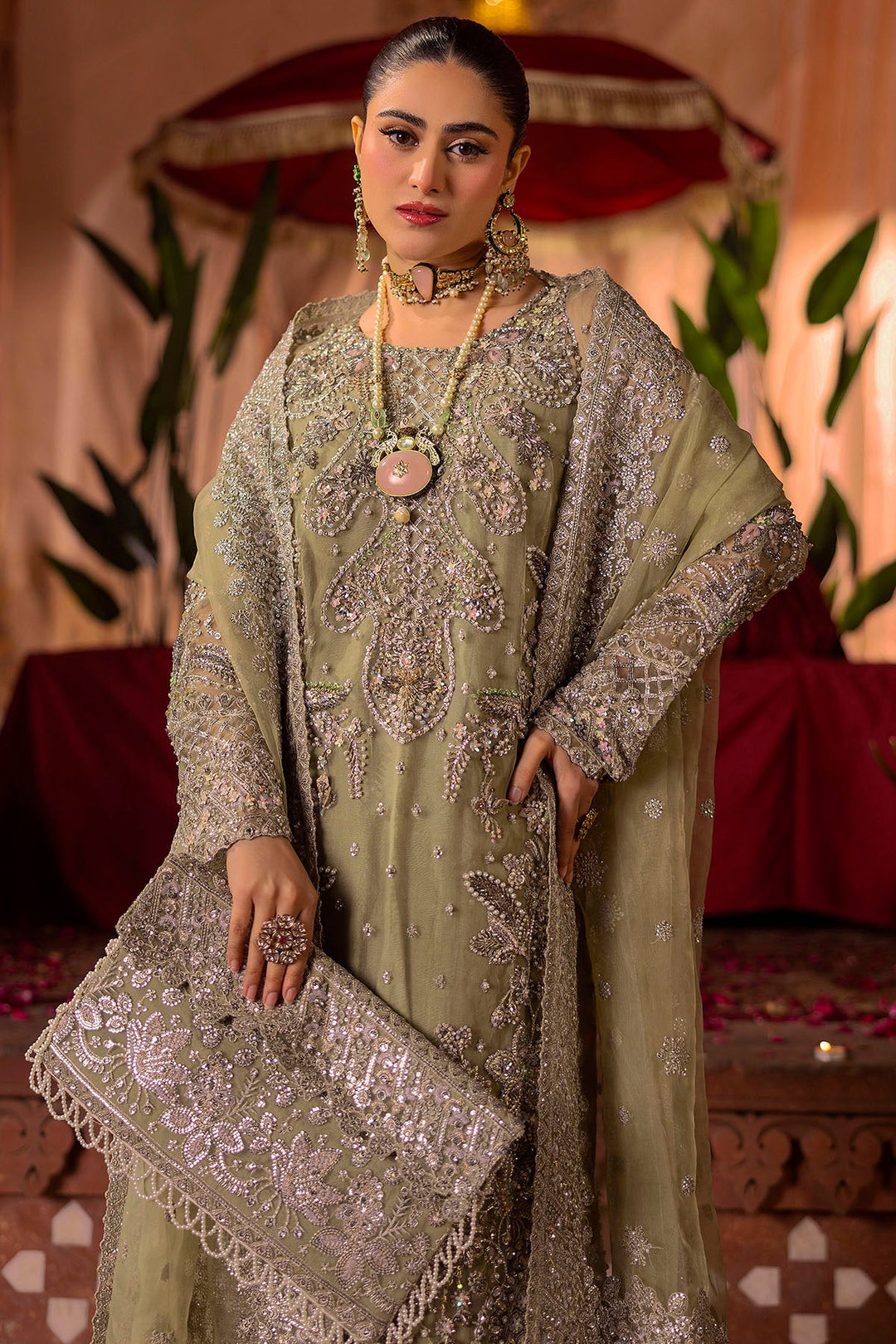 Olive-Green Pakistani Wedding Dress with Embroidery and Organza