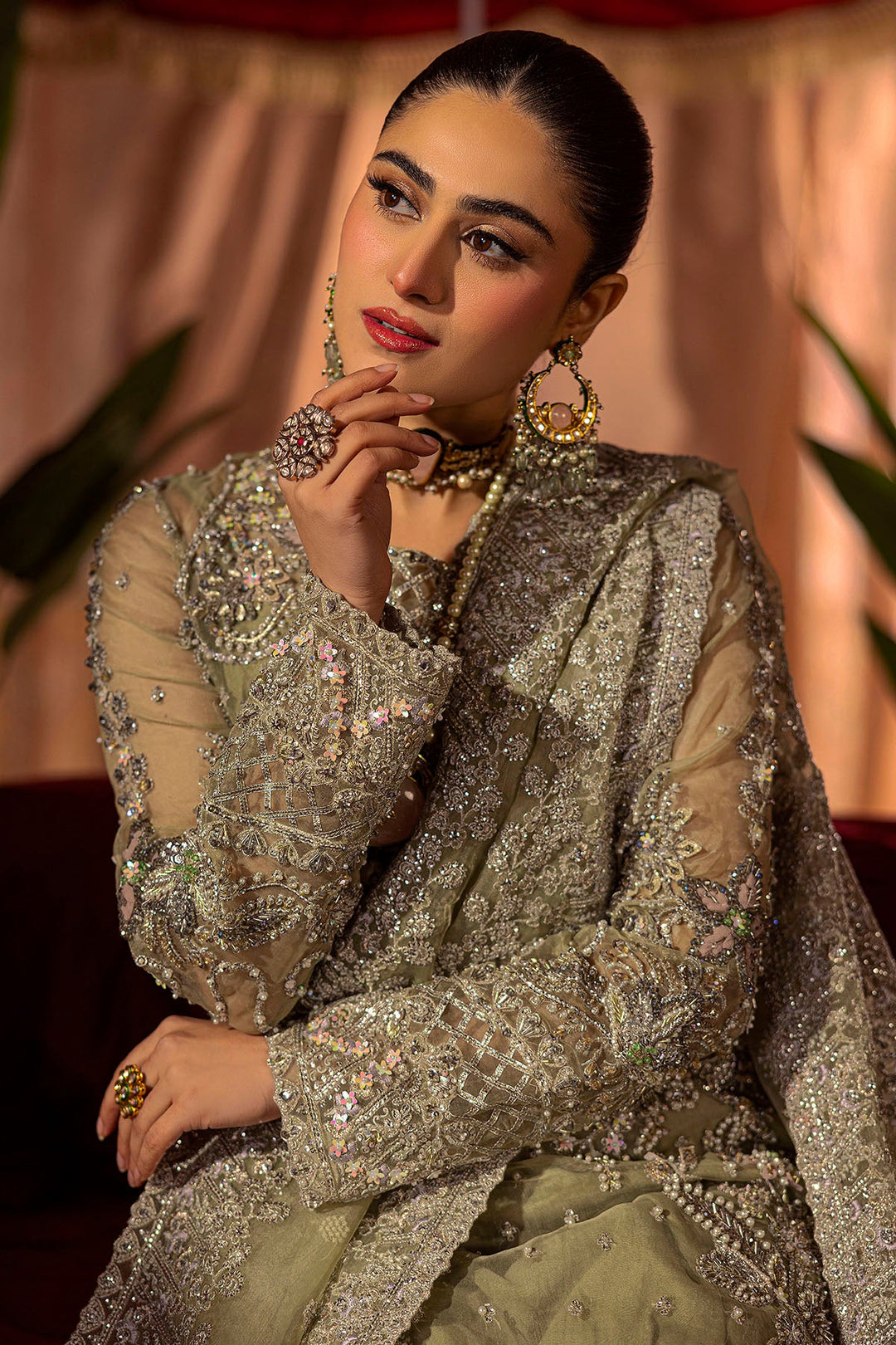 Olive-Green Pakistani Wedding Dress with Embroidery and Organza