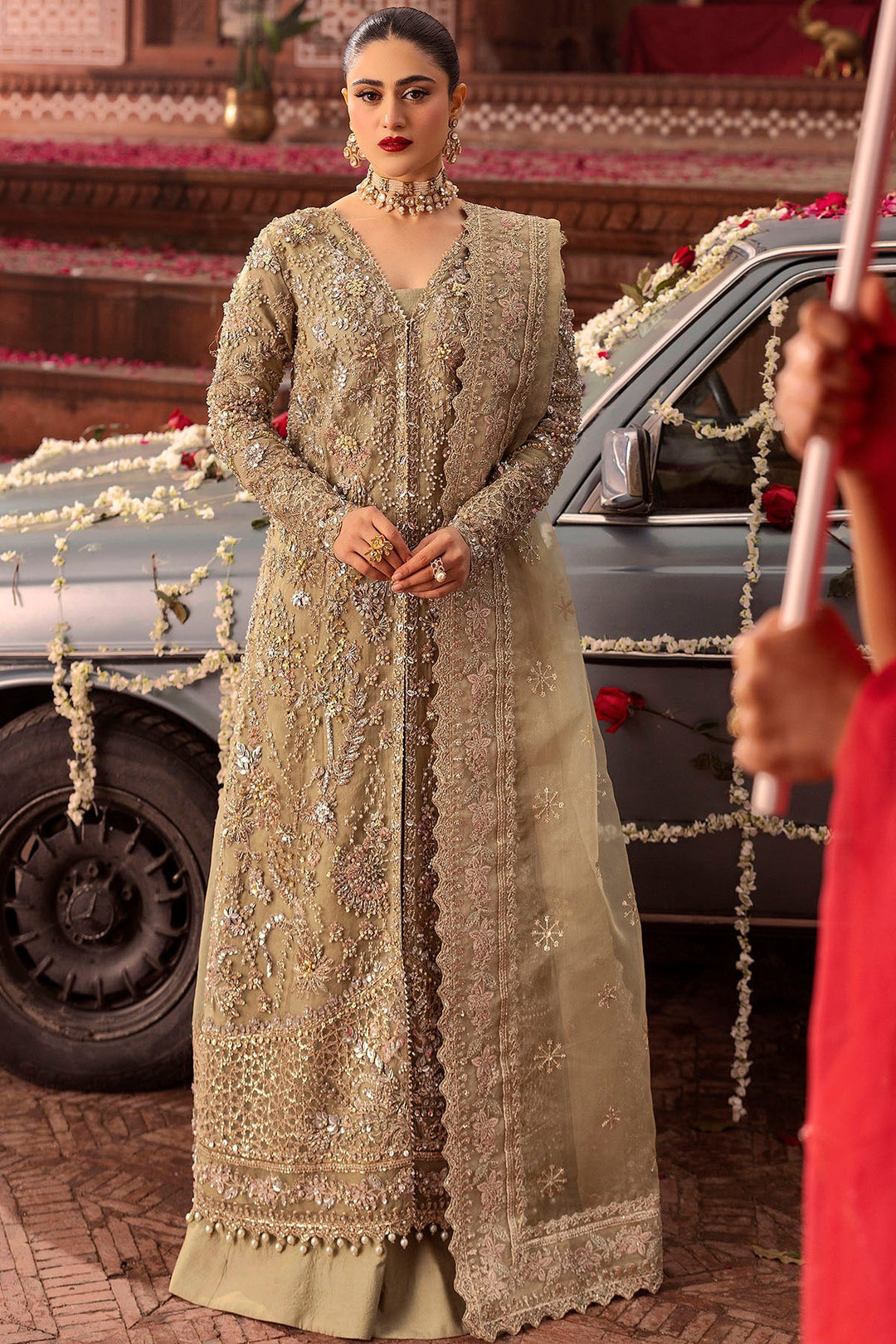Olive Gold Pakistani Bridal Dress with Embroidery and Crystals