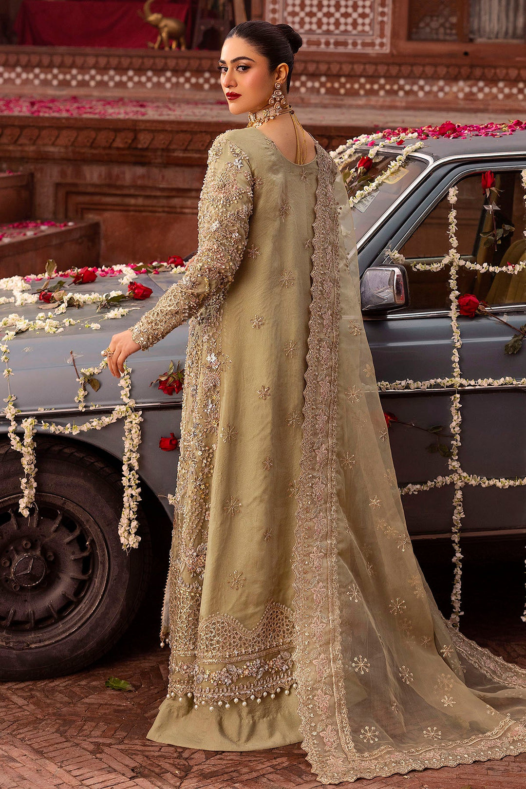Olive Gold Pakistani Wedding Dress with Embroidery and Crystals