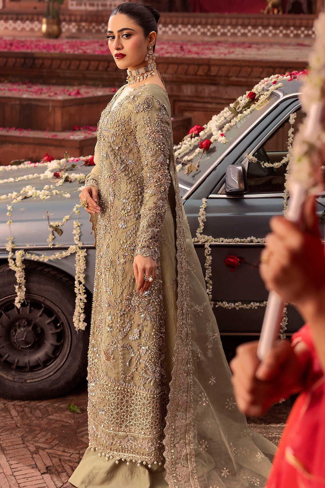 Olive Gold Pakistani Bridal Dress with Embroidery and Crystals