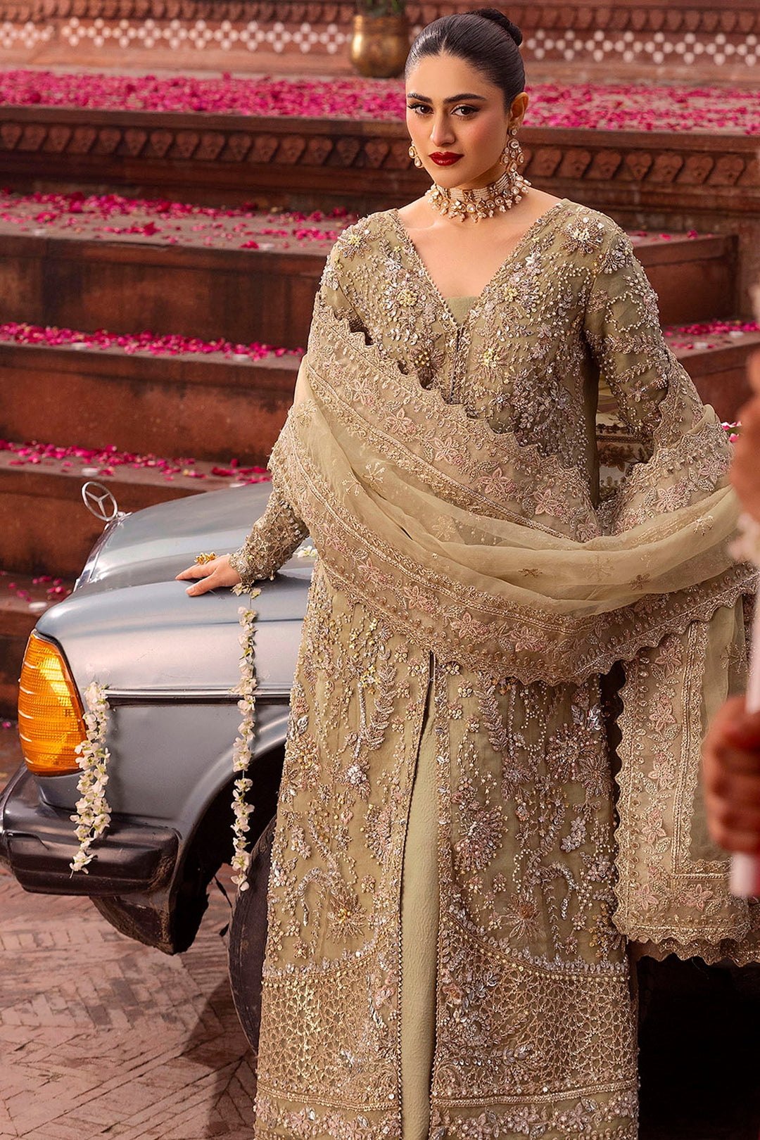 Olive Gold Pakistani Bridal Dress with Embroidery and Crystals