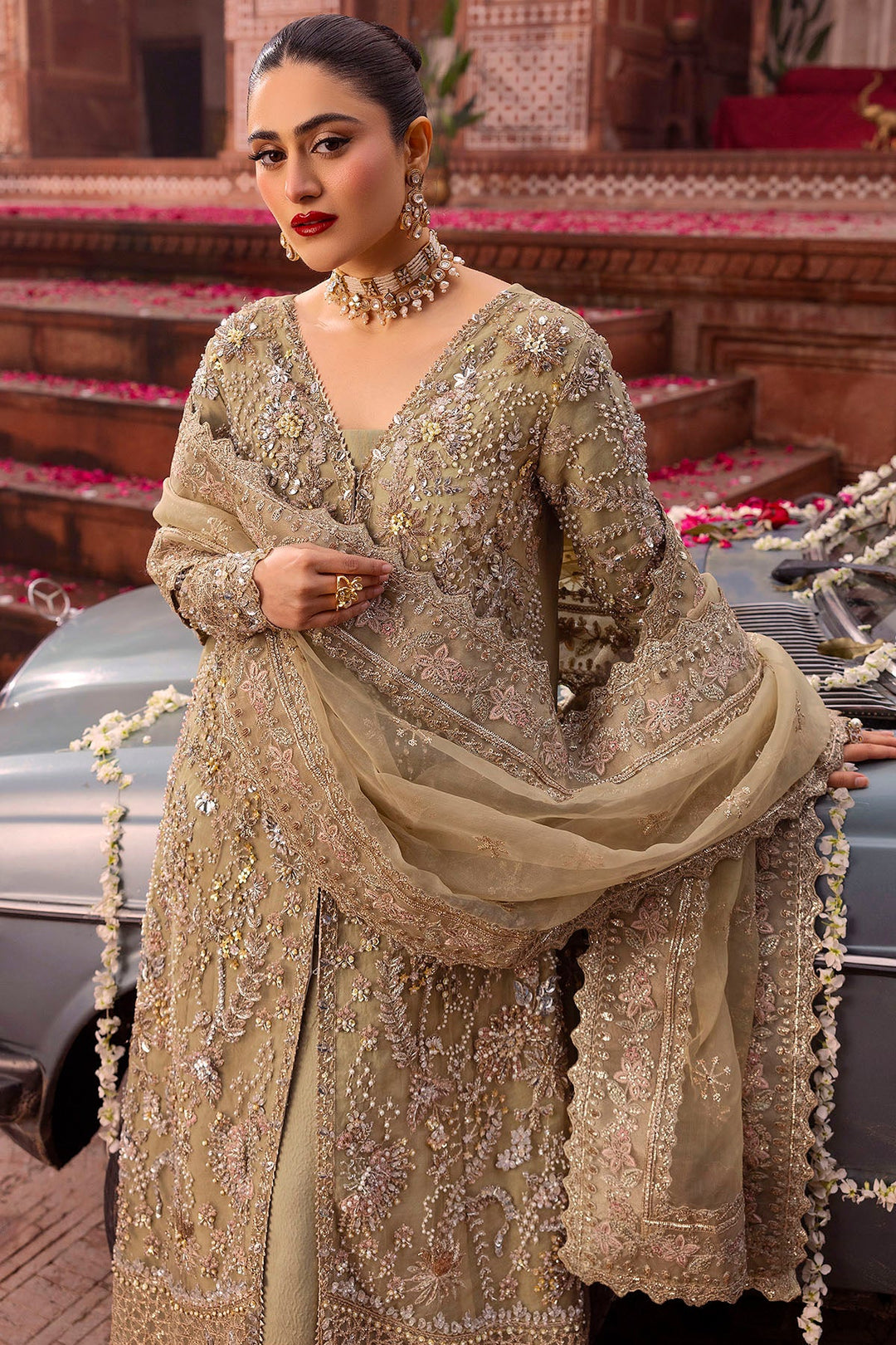 Olive Gold Pakistani Bridal Dress with Embroidery and Crystals