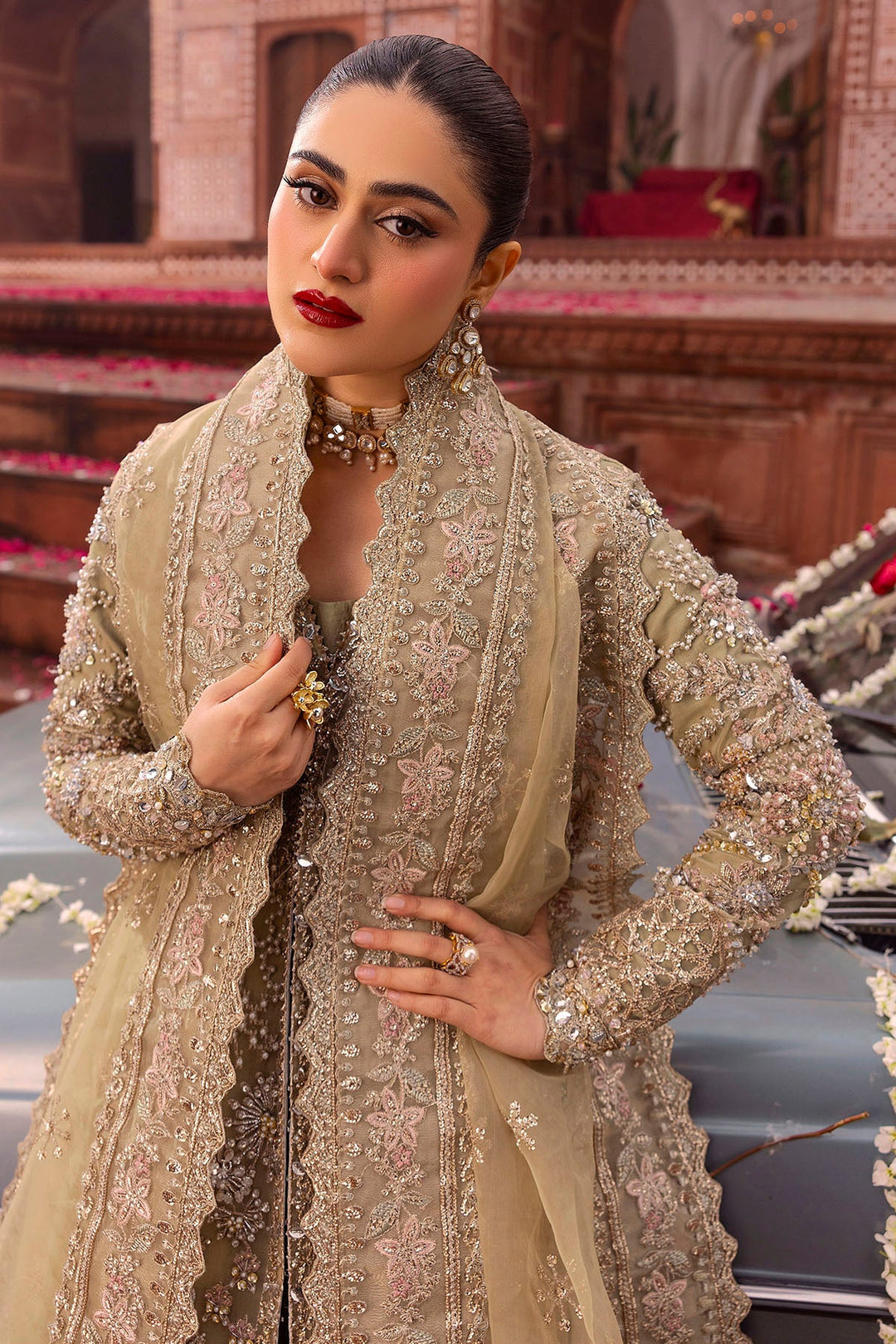 Olive Gold Pakistani Bridal Dress with Embroidery and Crystals