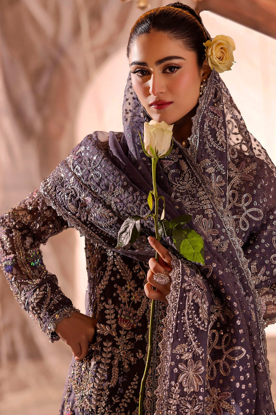 Ethereal Grey Pakistani Bridal Dress with Exquisite Embroidery