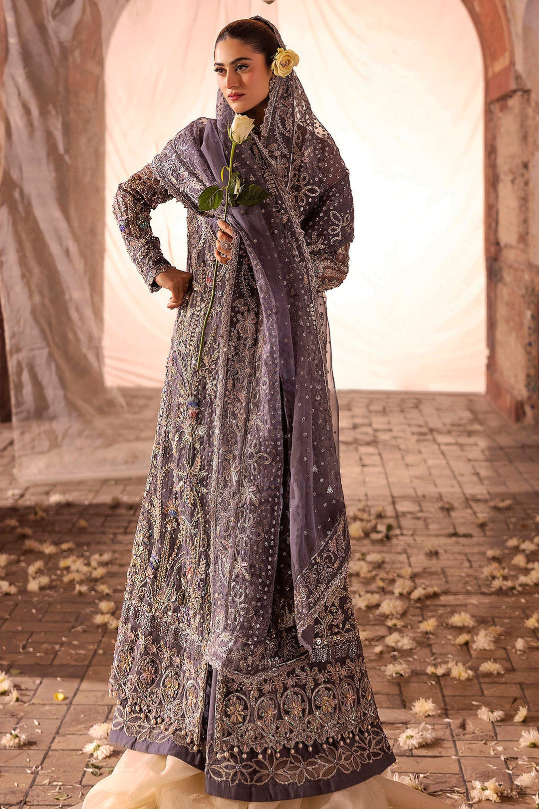 Ethereal Grey Pakistani Wedding Dress with Hand Embroidery