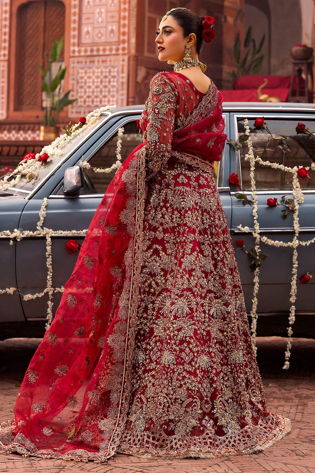 Red Pakistani Wedding Dress with Embroidered Organza Layers