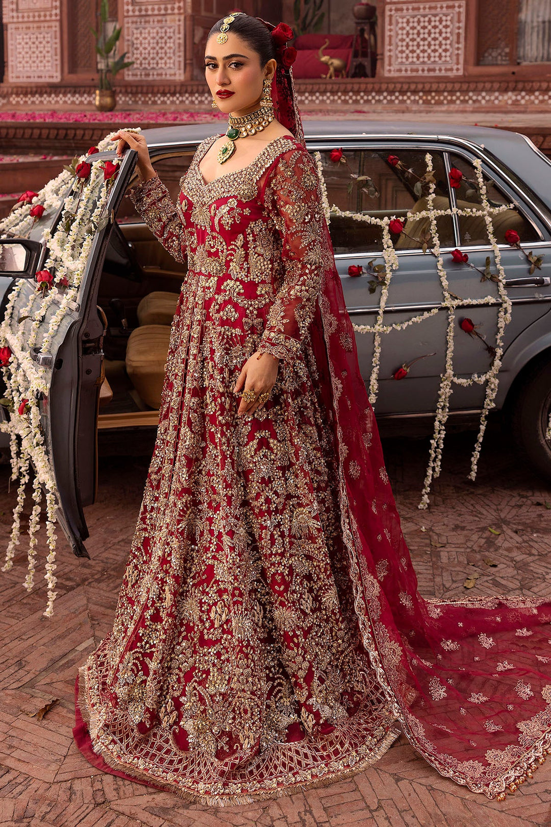 Red Pakistani Wedding Dress with Embroidered Organza Layers