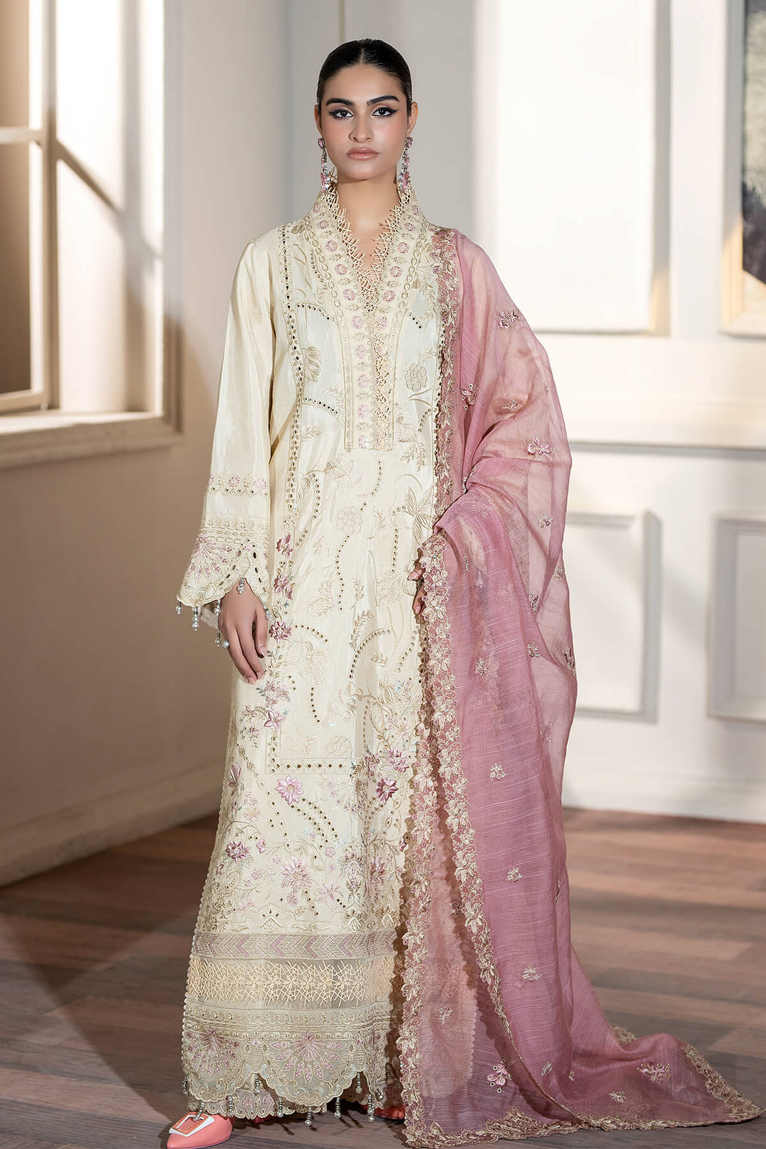 Imrozia Raw Silk Pakistani Dresses Embroidered Silk Front