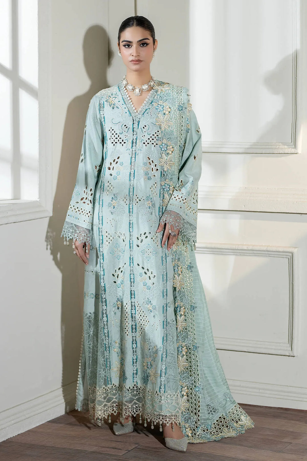 Embroidered Raw Silk Shirt And Trouser Set With Shawl