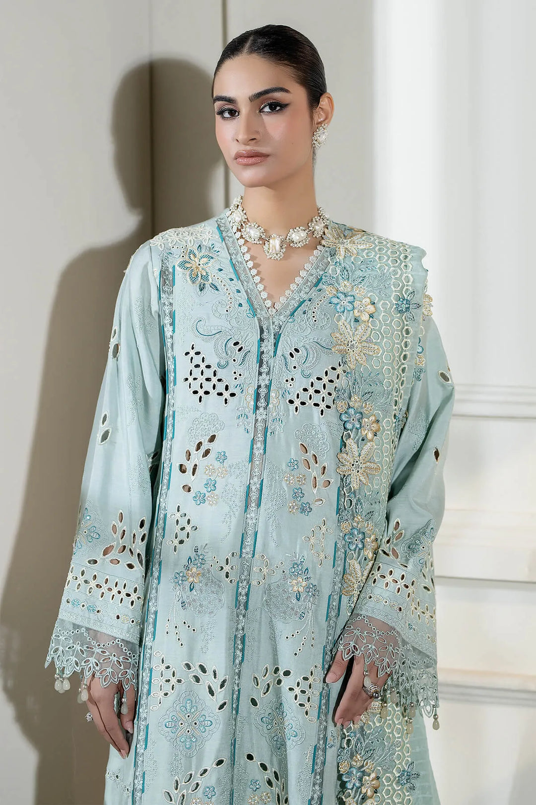 Embroidered Raw Silk Shirt And Trouser Set With Shawl