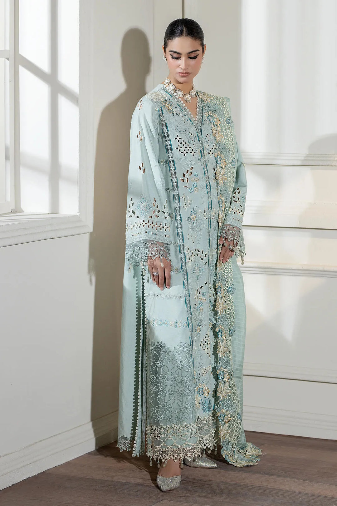 Embroidered Raw Silk Shirt And Trouser Set With Shawl