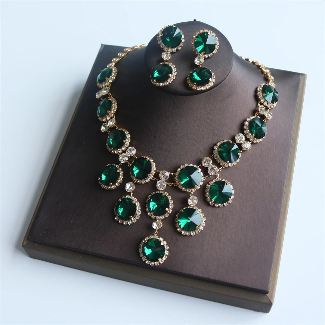 Shiny Green Round Rhinestone Necklace Earrings Set Dress Accessories Wedding Women Elegant Crystal Bridal Jewelry Set Party Gift