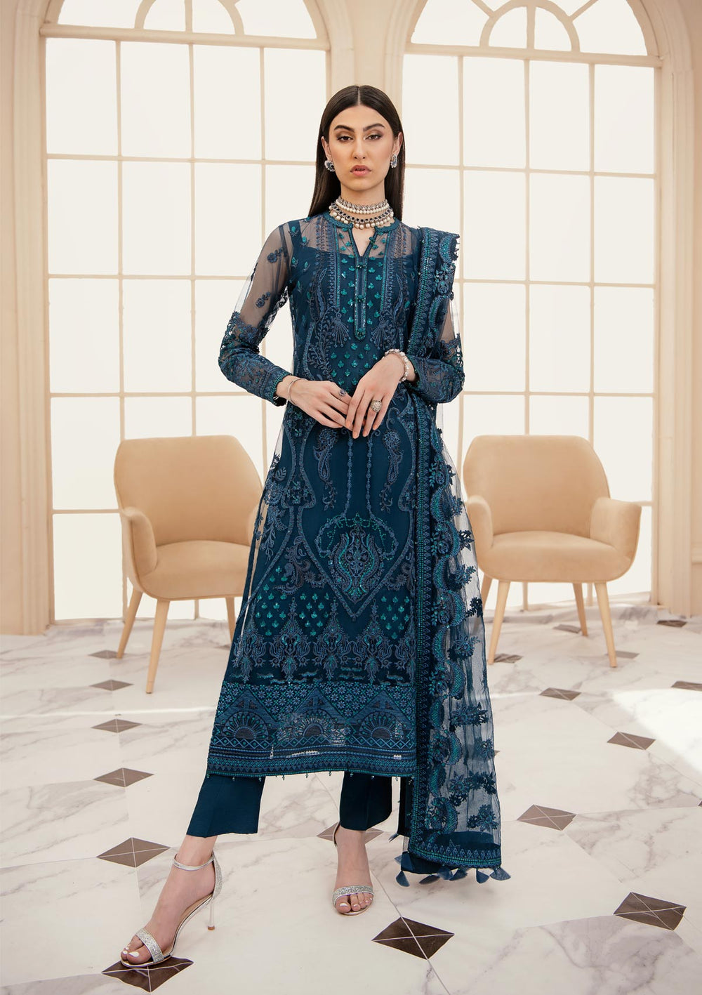 Sea Green Capri Style Embroidered Pakistani Salwar Kameez Dupatta