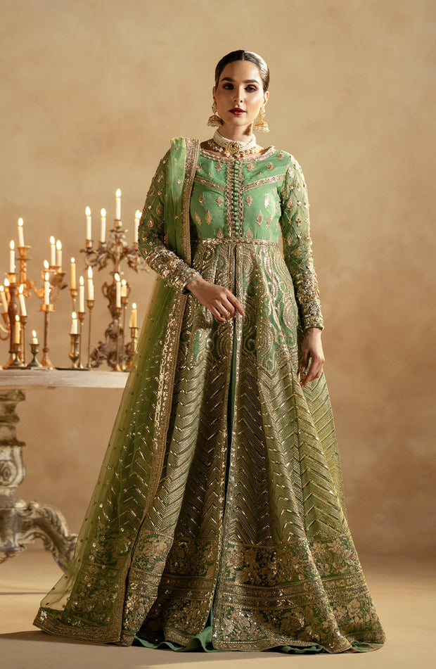 Sea Green Embroidered Pakistani Wedding Dress Gown Style Pishwas