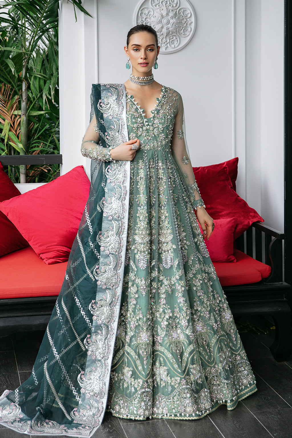 Sea Green Pakistani Wedding Dress in Kalidar Pishwas Style – Nameera by Farooq