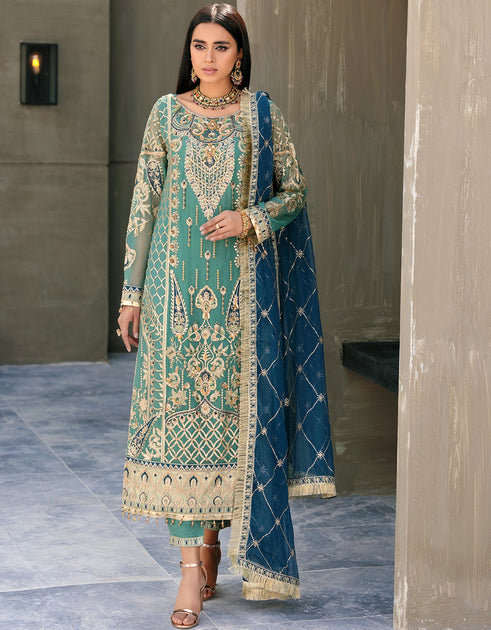 Sea Green Embellished Pakistani Salwar Kameez Suit – Nameera by Farooq