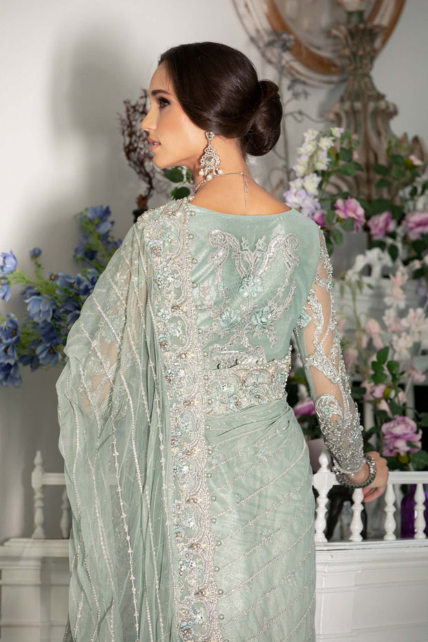 Sea Green Pakistani Bridal Outfit in Premium Net Saree Style