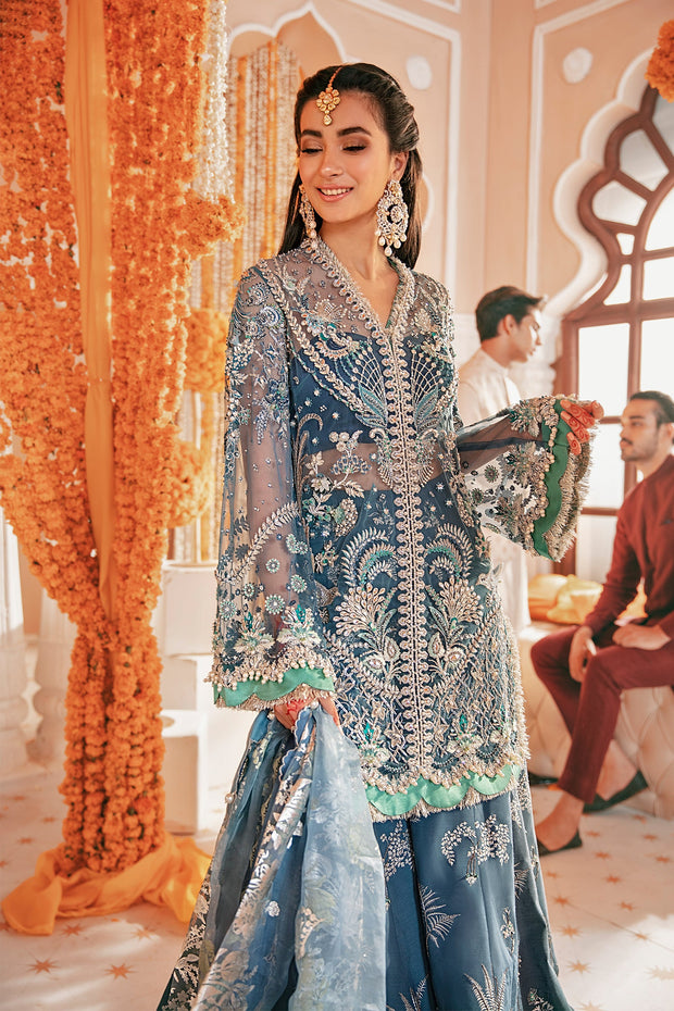Sharara Kameez Dupatta Blue Pakistani Wedding Dress