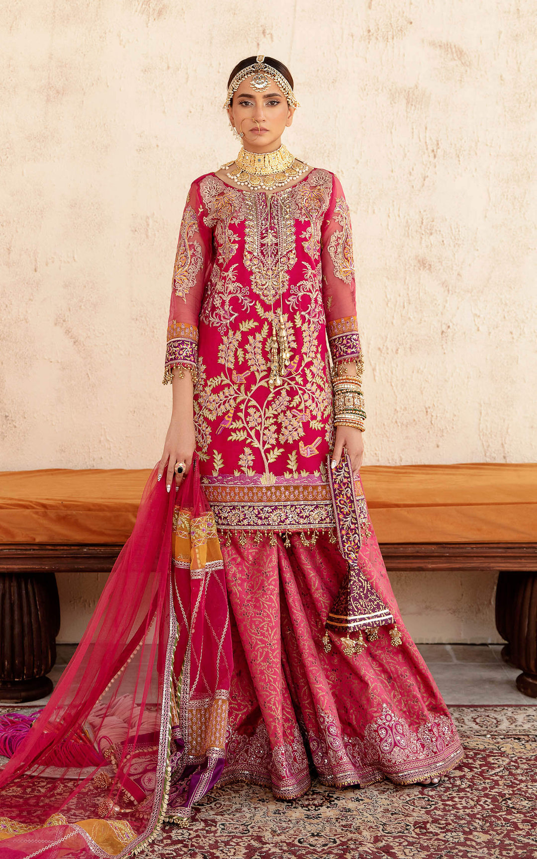 Shocking Pink Hand Embellished Pakistani Party Dress Kameez Gharara