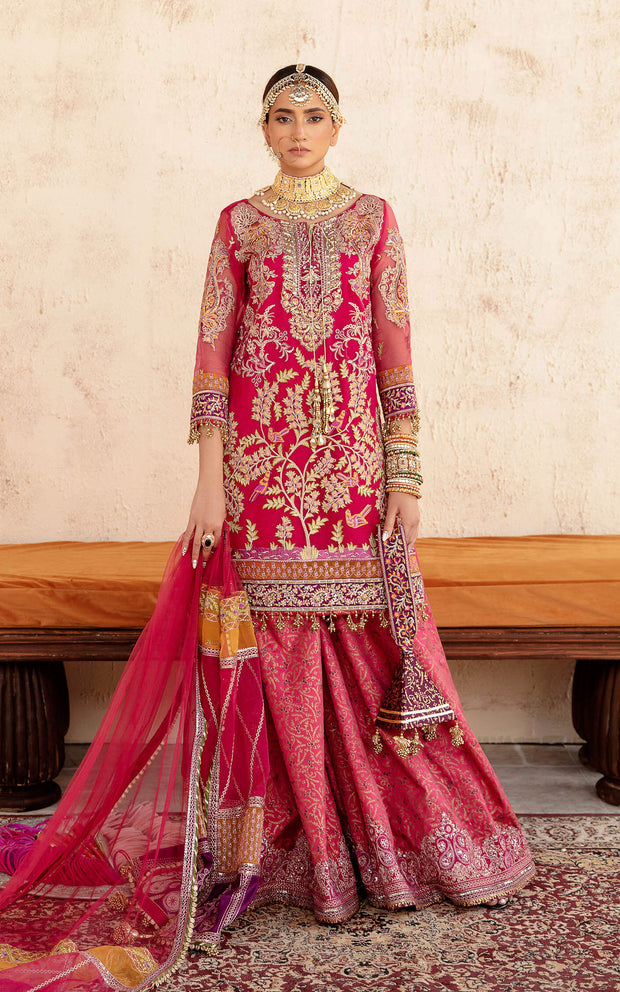 Shocking Pink Hand Embellished Pakistani Party Dress Kameez Gharara