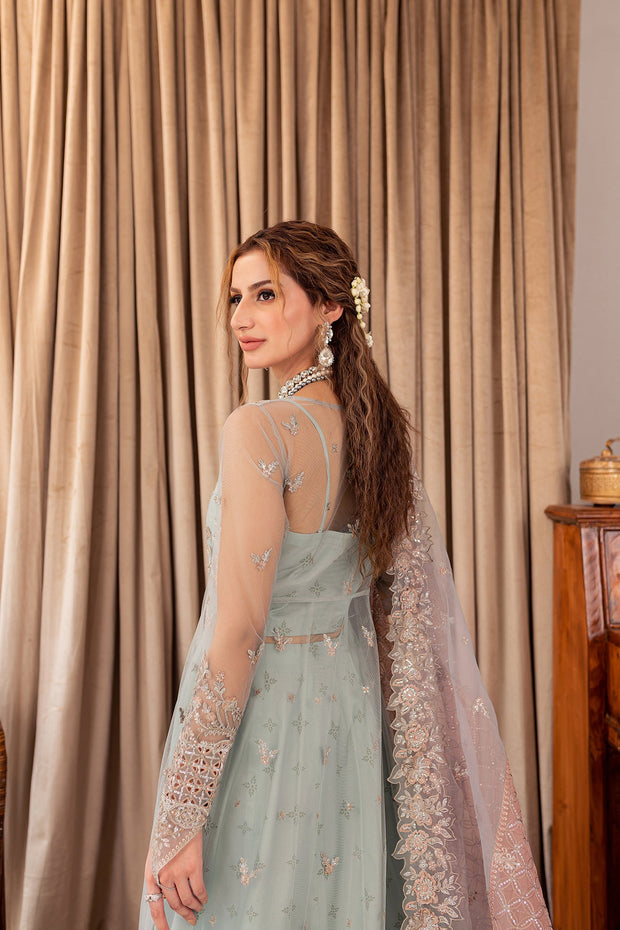 Shop Aqua Blue Embroidered Gown Style Lehenga Pakistani Wedding Dress2023