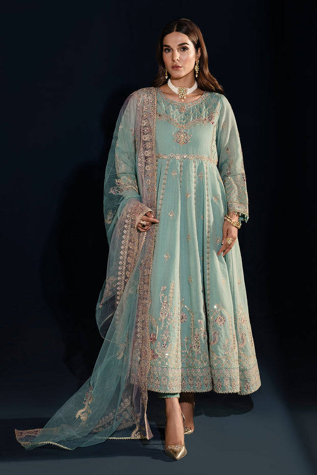 Shop Aqua Blue Heavily Embellished Kalidar Frock Pakistani Party Dress 2023