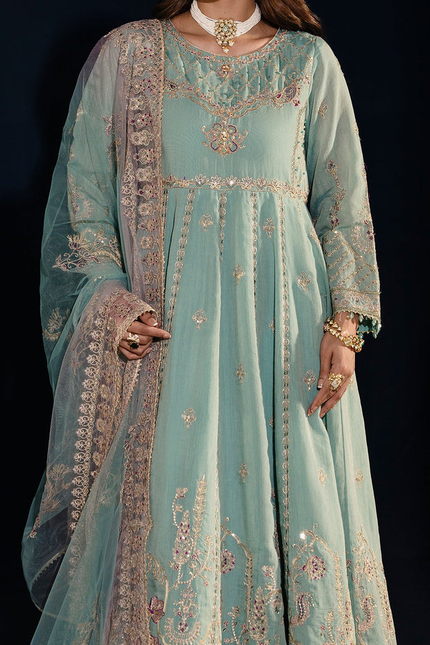 Shop Aqua Blue Heavily Embellished Kalidar Frock Pakistani Party Dress