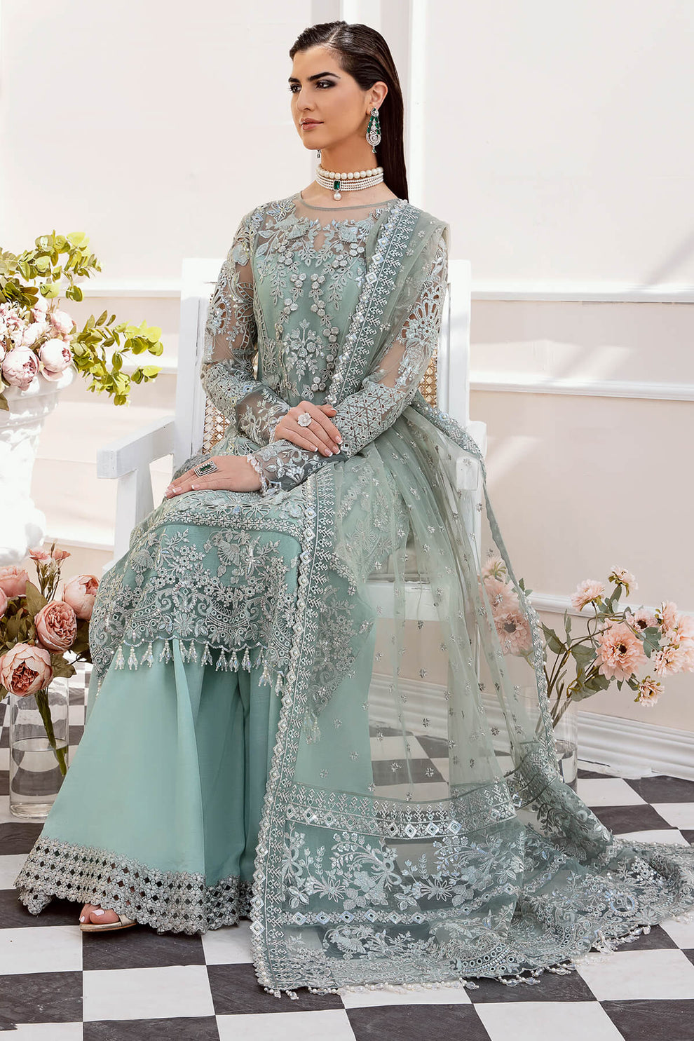 Shop Aqua Blue Heavily Embellished Pakistani Wedding Dress Kameez Sharara 2023
