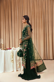 Shop Bottle Green Embroidered Open Gown Style Pakistani Wedding Dress