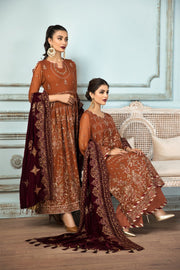 Shop Caramel Brown Embroidered Pakistani Long Frock Dupatta Party wear 2023