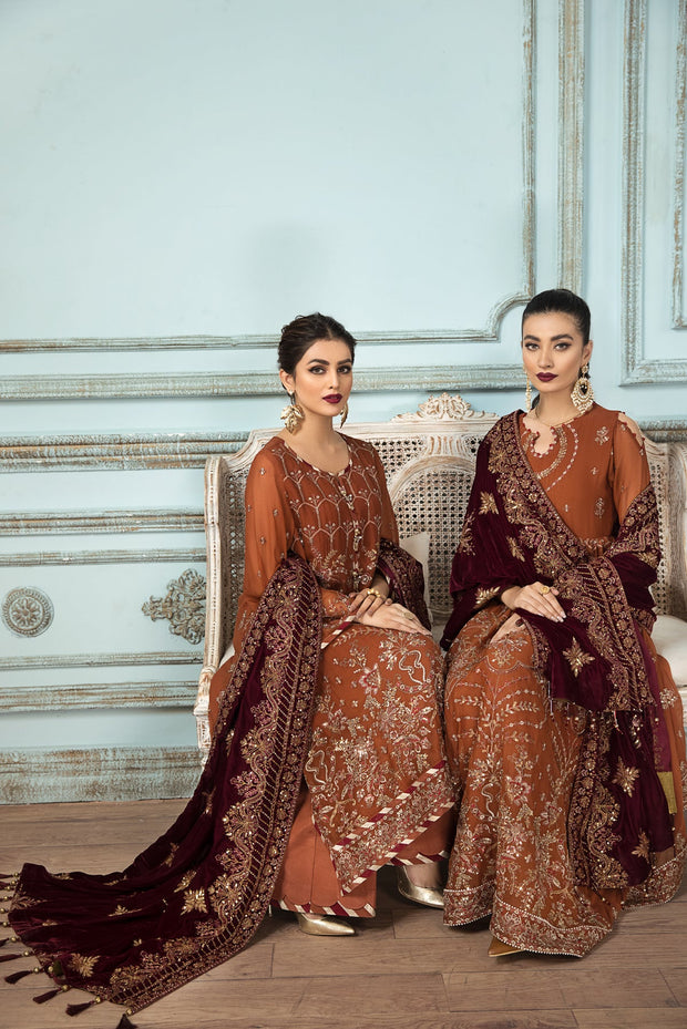 Shop Caramel Brown Embroidered Pakistani Long Frock Dupatta Party wear