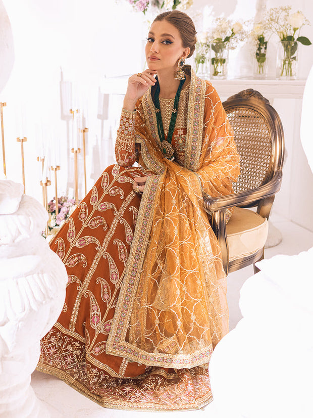 Shop Caramel Heavily Embellished Pakistani Wedding Dress Pishwas Frock