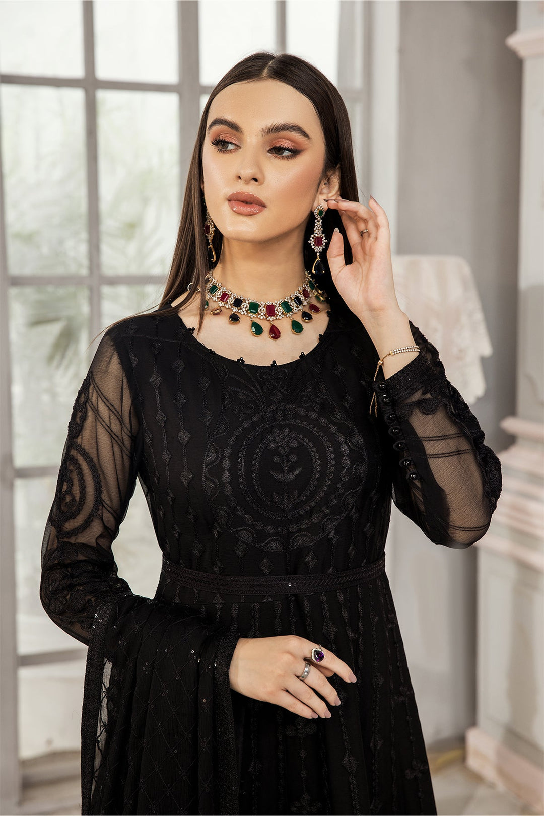 Classic Black Net Pakistani Frock Dupatta Party Dress Nameera by Farooq Classic Black Net Pakistani Frock Dupatta Party Dress Nameera by Farooq