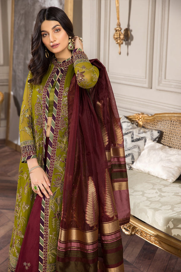 Shop Classic Mehndi Green Pakistani Embroidered Gown Style Wedding Dress