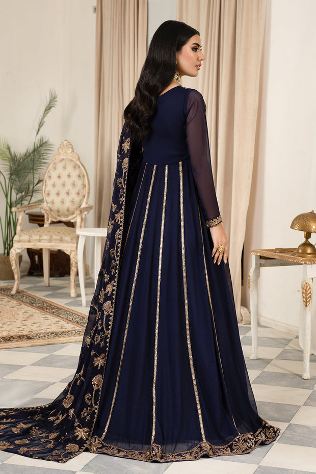 Shop Deep Indigo Shade Pakistani Party Wear Kalidar Long Frock Pishwas