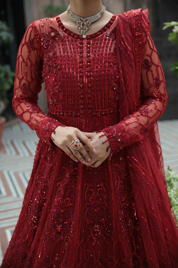 Shop Deep Red Heavily Embellished Pakistani Wedding Dress in Pishwas Style