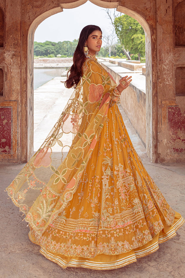 Mustard Floral Embellished Pakistani Wedding Dress Frock Nameera by Farooq