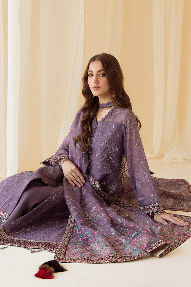 Shop Embroidered Lilac Pakistani Frock Capri with Embellished Dupatta