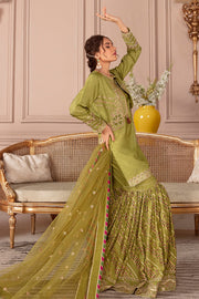 Shop Embroidered Mehndi Green Pakistani Kurti Sharara Party Dress