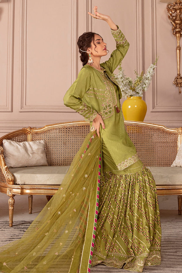 Shop Embroidered Mehndi Green Pakistani Kurti Sharara Party Dress