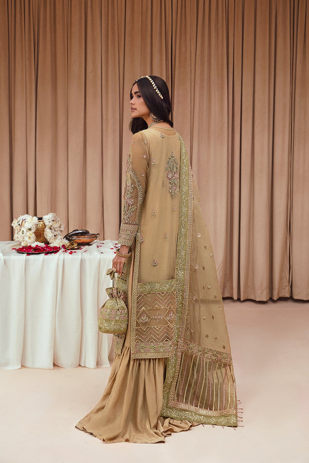 Shop Golden Embroidered Gown Style Shirt Crushed Sharara Wedding Dress